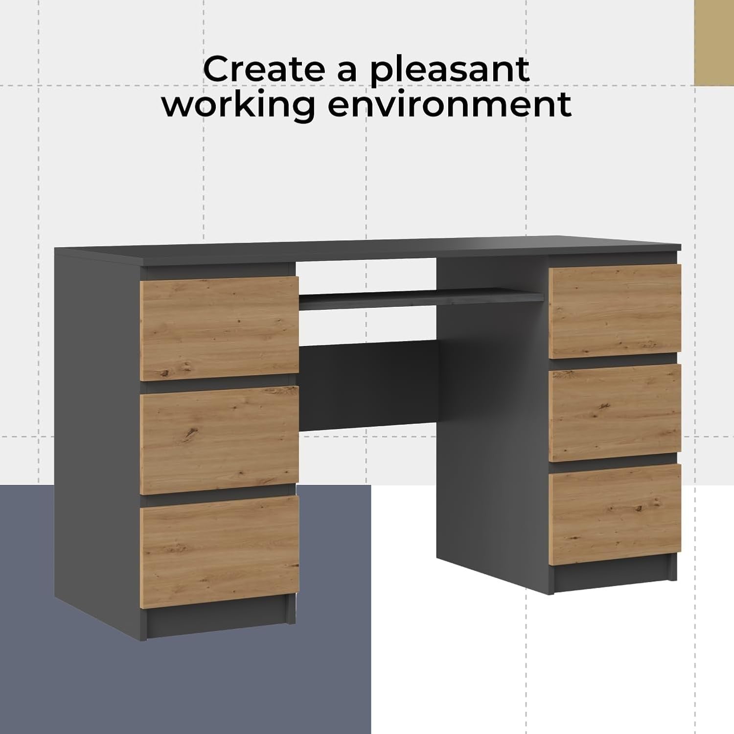 Large 6 Drawer Anthracite Artisan Office Desk w/Keyboard Shelf & Storage