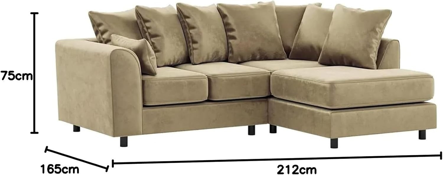 Beige Velvet Corner Sofa 4 Seater L Shape | Full Foam Cushions RH Chaise