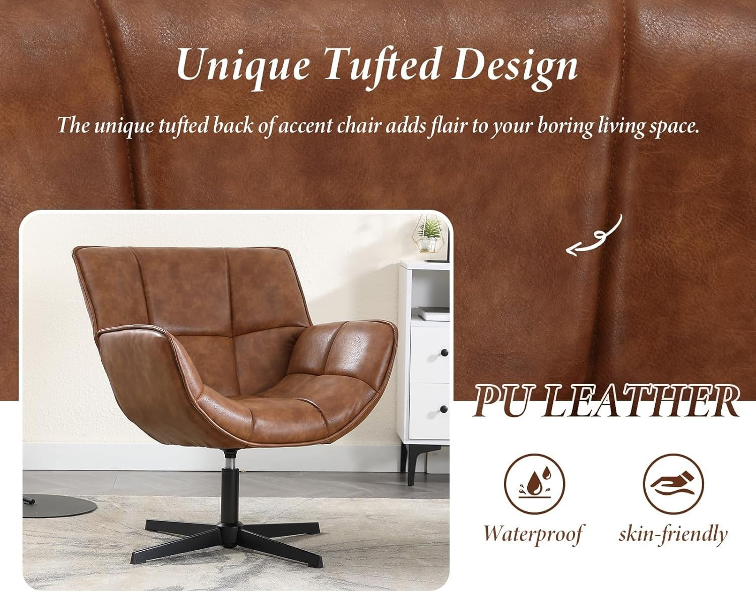 Swivel Faux Leather Accent Chair Tub Seat Lounge Armchair for Living Room