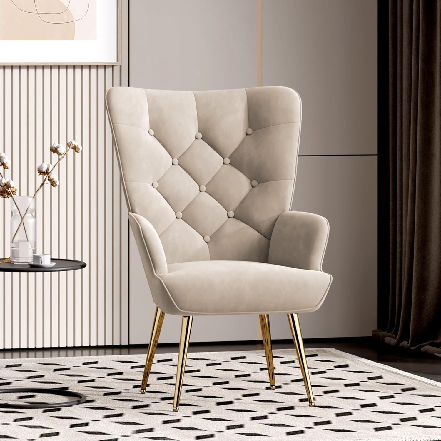 Beige Velvet Wing Back Armchair with Footstool Gold Legs Relaxation Seat