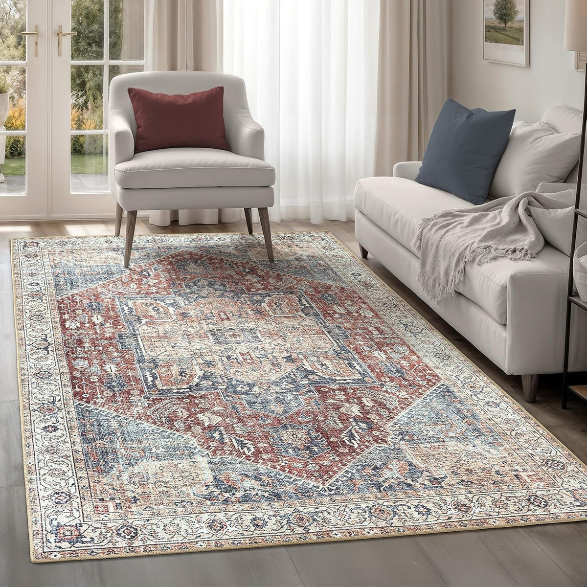 Washable Rug 152x213cm Vintage Crimson Navy Non-Slip Soft Living Room Carpet