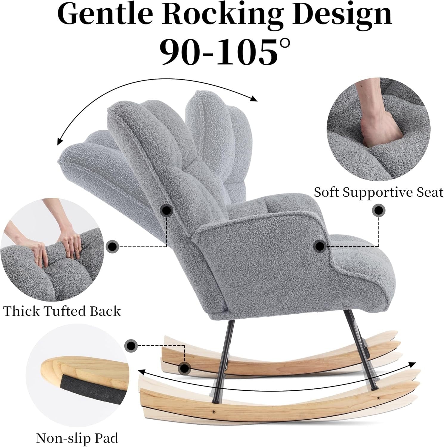 Teddy Rocking Chair Glider for Nursery Adult Armchair Recliner Grey