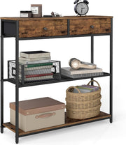 Narrow Console Table with 2 Fabric Drawers & 3-Tier Shelves – Rustic
