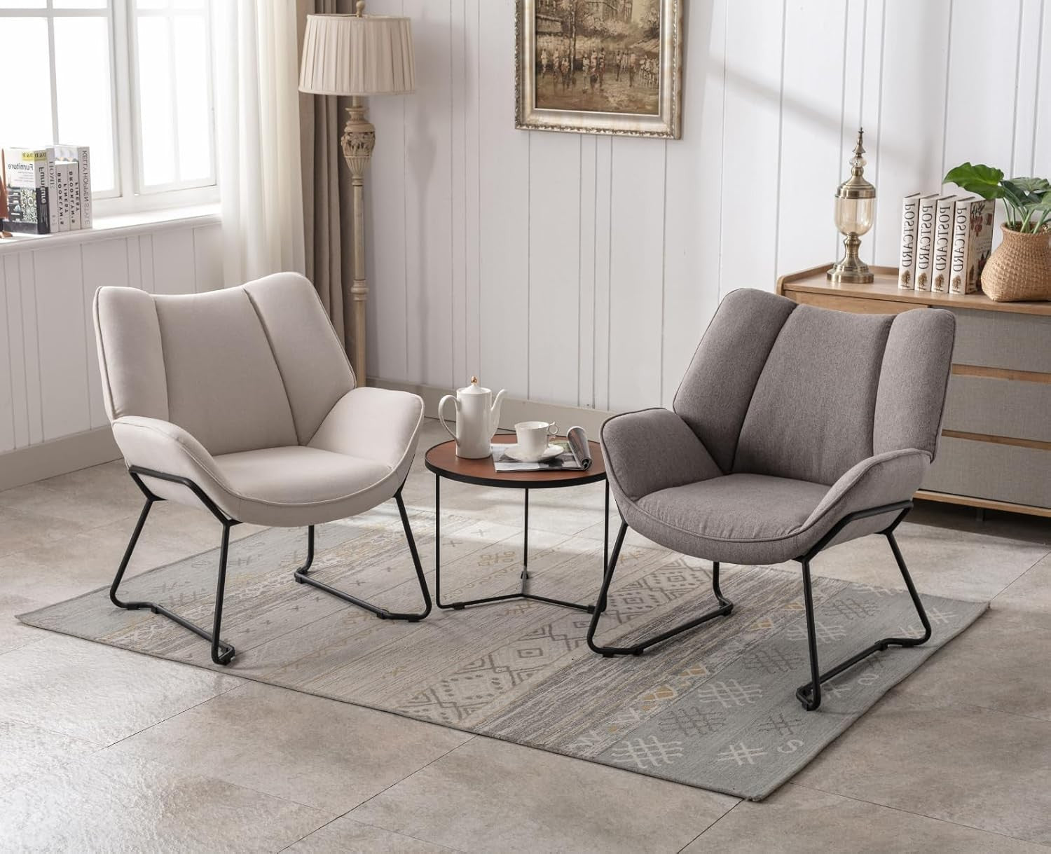Grey Linen Accent Tub Chair Metal Legs Modern Armchair