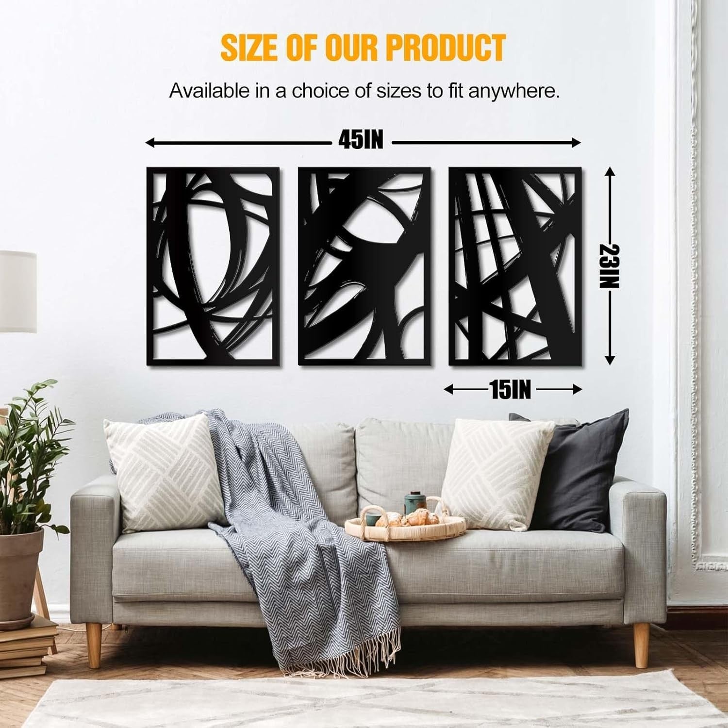 Large Black Metal Wall Art Set 3 Minimalist Line 23in