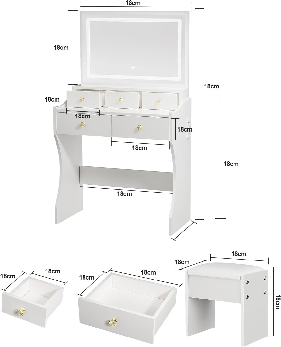 Vanity Dressing Table Set W/ LED Light Mirror Stool 5 Drawers White Compact