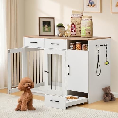 TUKAILAi Dog Crate Furniture White/Wood – Small Pet Kennel with Bowls