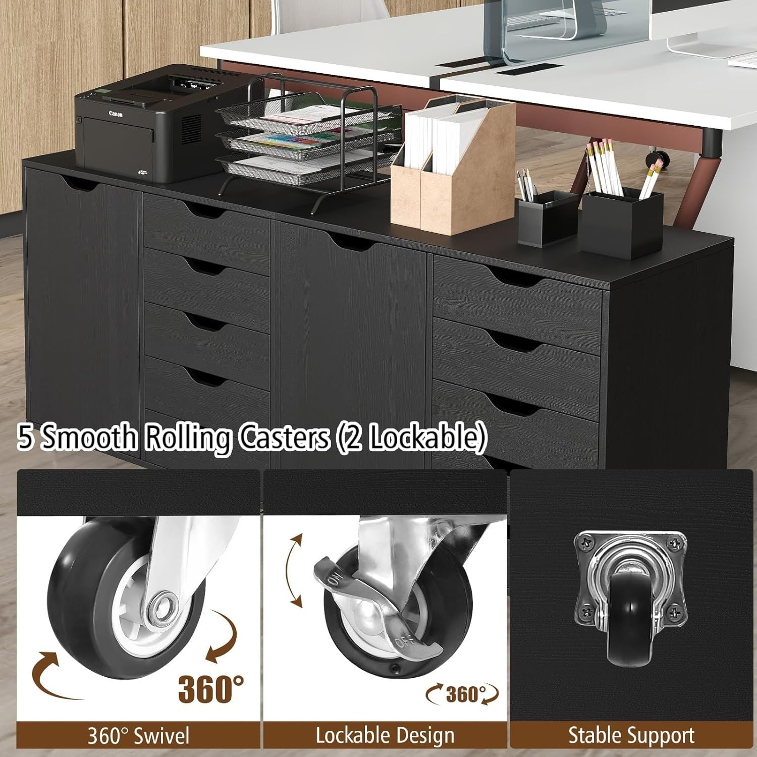 Black Mobile 5 Drawer File Cabinet with Side Cupboard Rolling Office