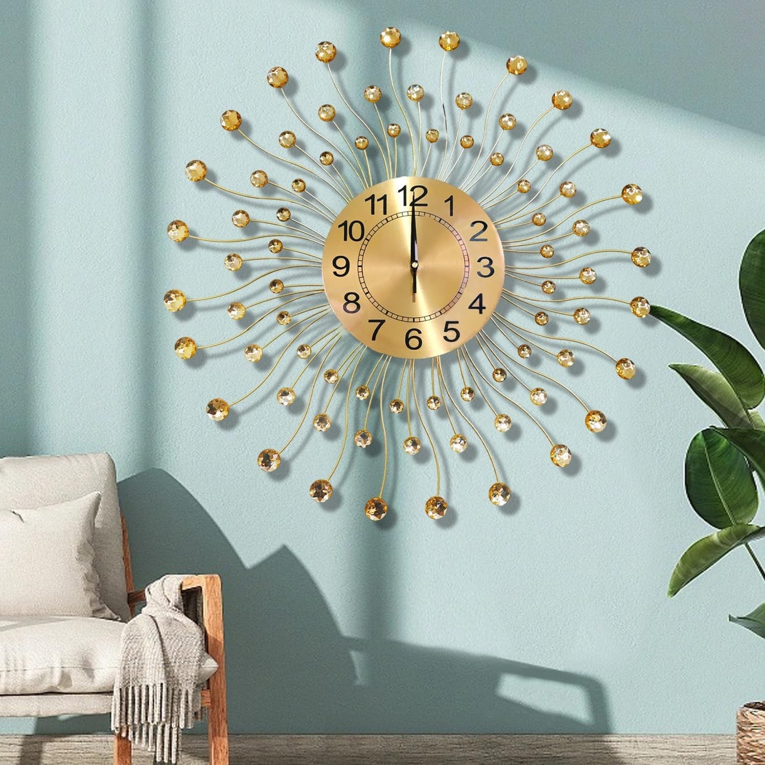 60cm Gold Sunburst Wall Clock – Silent Quartz Modern Decorative Crystal Design