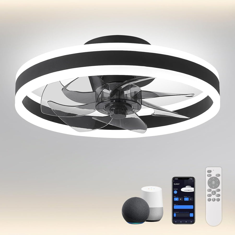 16" Smart Ceiling Fan Light, Alexa, 6 Speeds, App, Reversible, Black