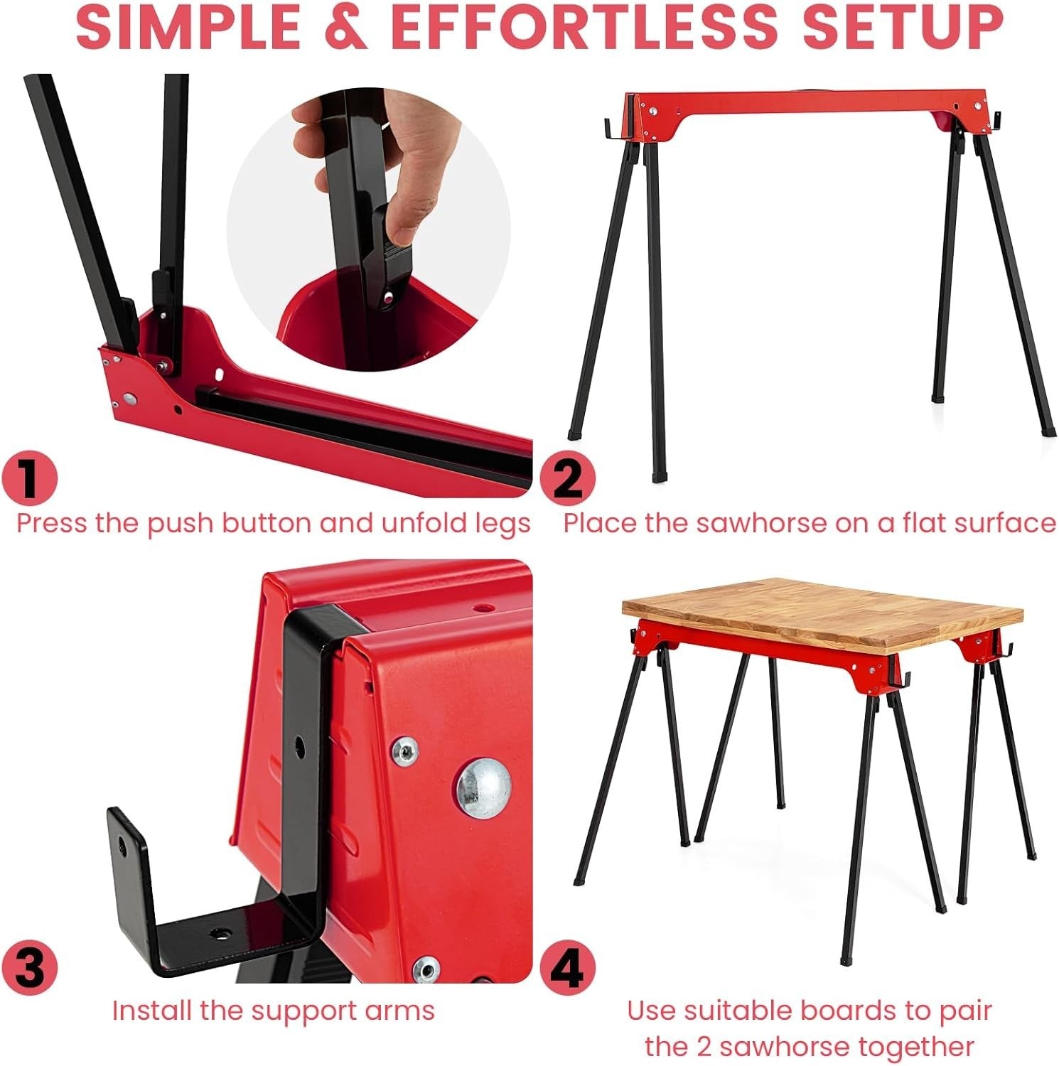 Red Folding Sawhorses 2-Pack Heavy Duty Steel 227kg Support Arms & Grip Top
