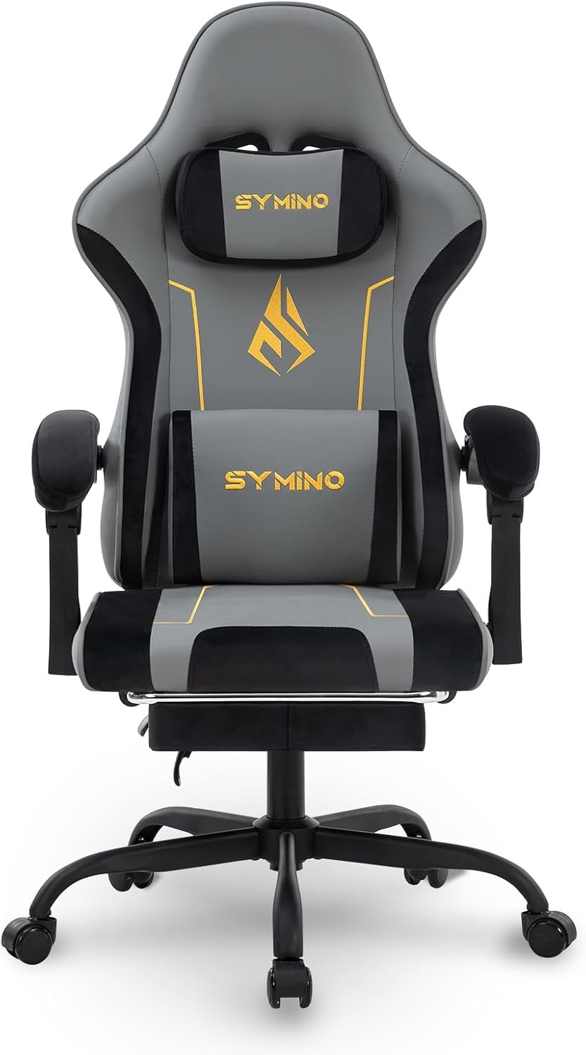Ergonomic Gaming Chair Recliner Footrest Lumbar PU Leather Grey