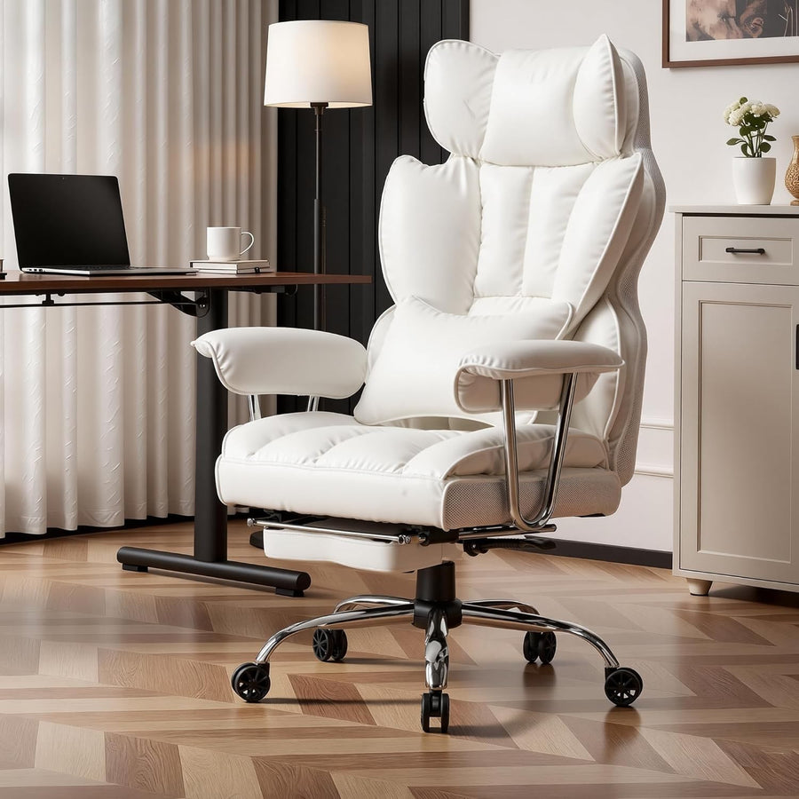 Big & Tall Executive Office Chair 200kg High Back PU Leather Recliner White
