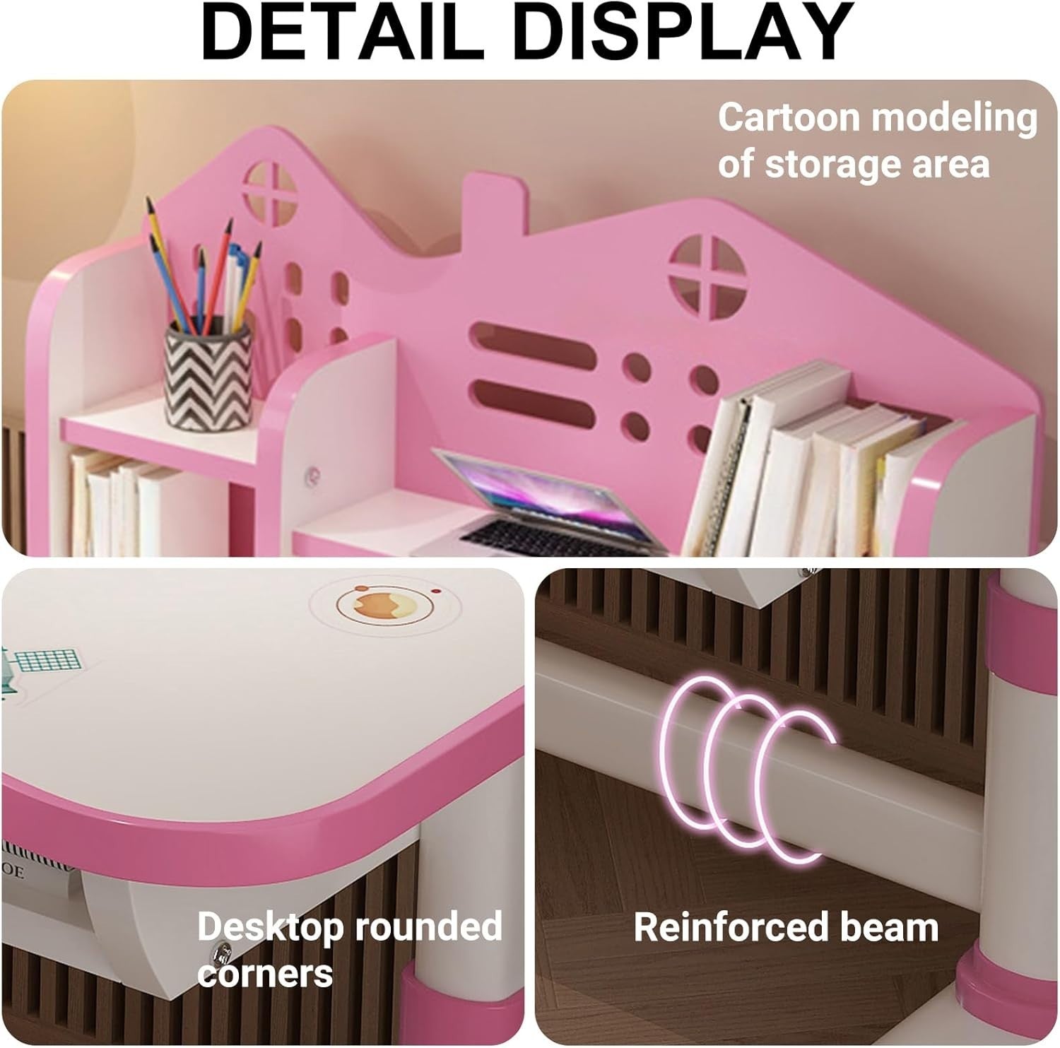 Kids Study Desk & Chair Set Height Adjustable Writing Table with Bookshelf Pink