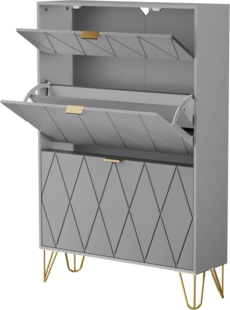 Modern Tilting Shoe Cabinet 16 Pair Storage 3 Compartment Hidden Shelf 80x120cm