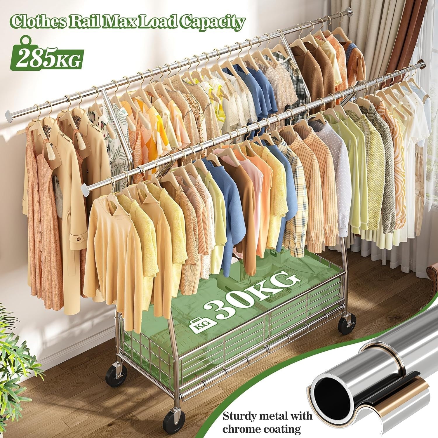 REIBII Heavy Duty Clothes Rail 285KG Double Rod Rack with Wheels