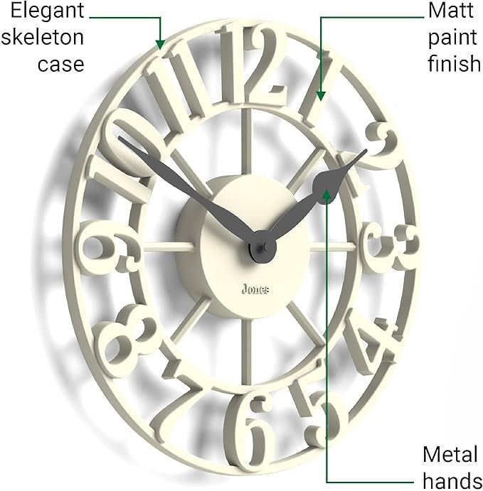 30cm White Skeleton Wall Clock Silent Modern Raised Numerals Elegant Home Decor