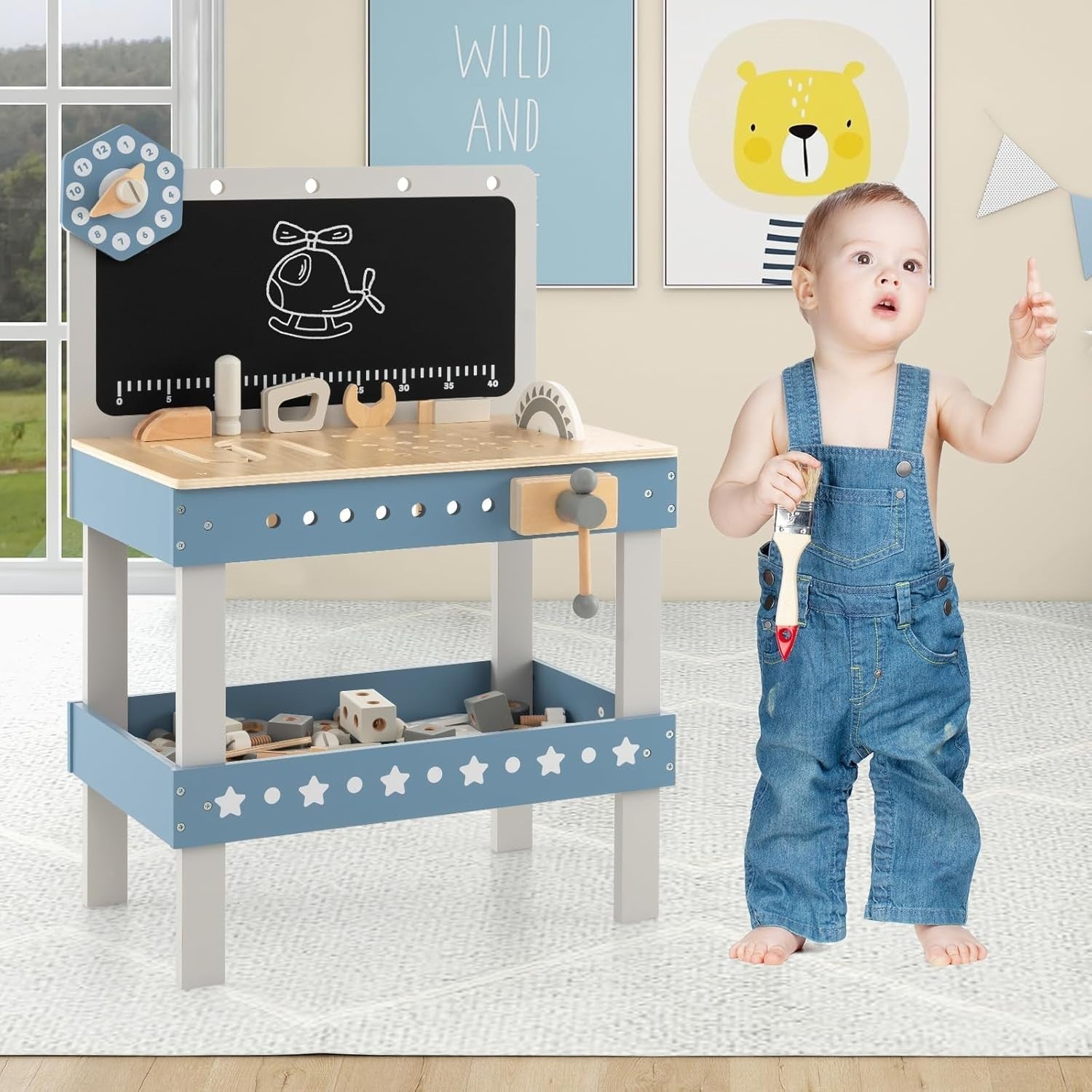 Wooden Kids Workbench Tool Set 75pcs w/ Blackboard Clock Storage Shelf 50x29