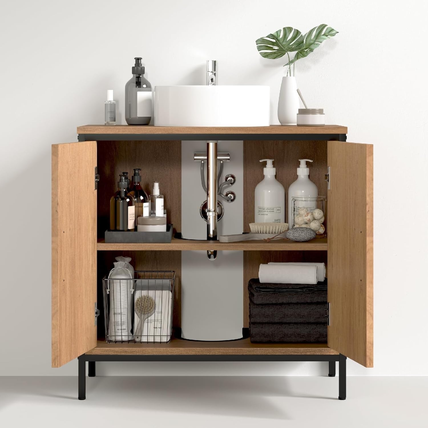 Wood Effect Under Sink Bathroom Cabinet 2 Door Vanity Storage Unit 60x30x60cm