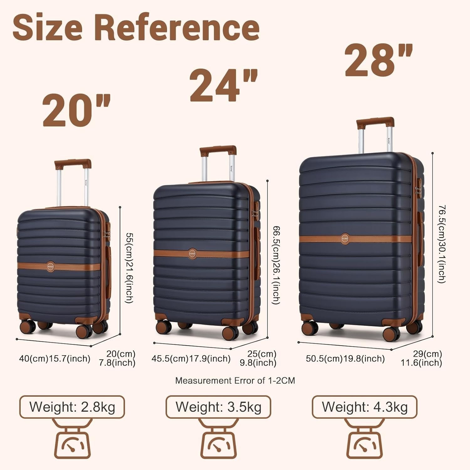 24'' Navy Brown Check In Suitcase ABS PC Hard Shell Spinner Wheels Lock