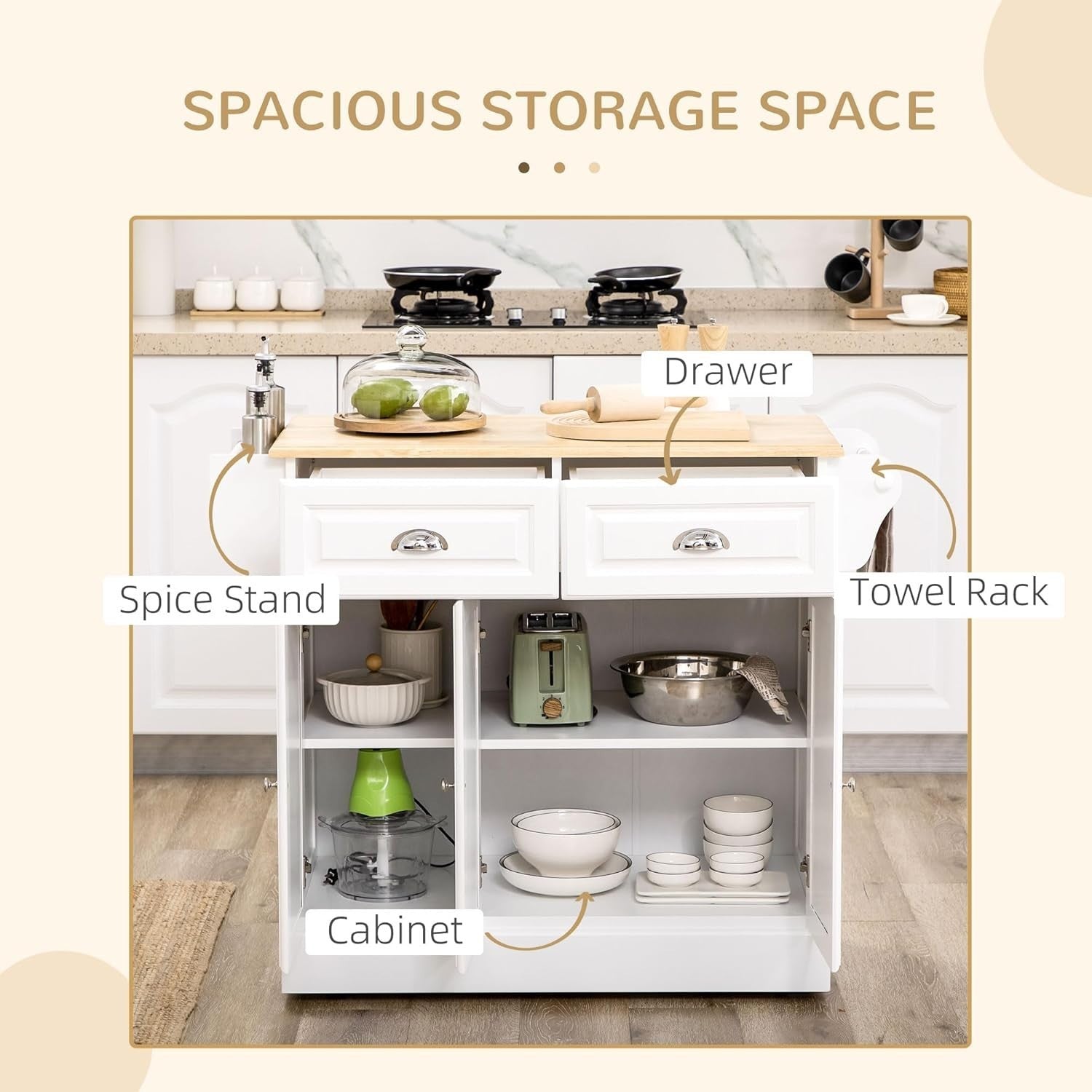 Kitchen Island Trolley with Drawers & Adjustable Shelf White 110x45x90cm