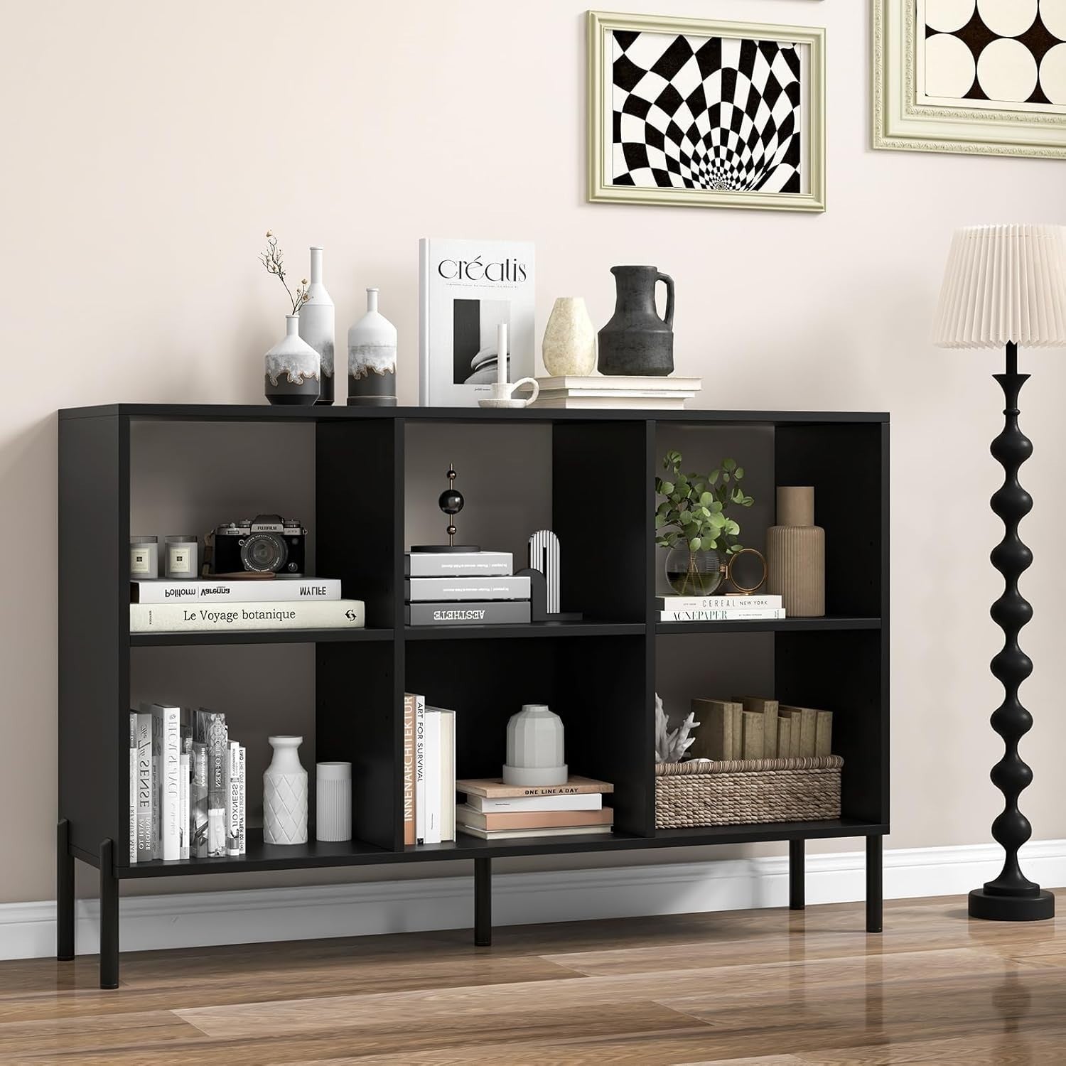 Black 6-Cube Adjustable Storage Bookcase with Metal Legs 120x35x78cm