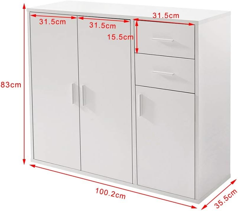 White Sideboard Cabinet with Drawers & Doors Modern Storage Cupboard 100cm