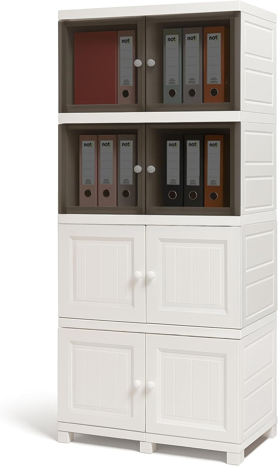 4 Tier White Plastic Storage Cabinet | Multipurpose Cupboard with Tinted Doors