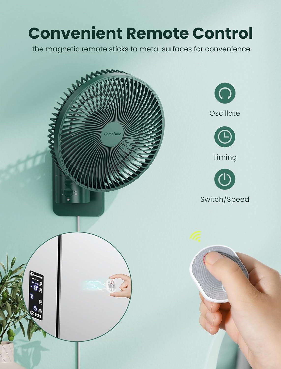 8.5" Wall Mounted Fan – 4-Speed Quiet Air Circulator w/ Remote Control & Timer