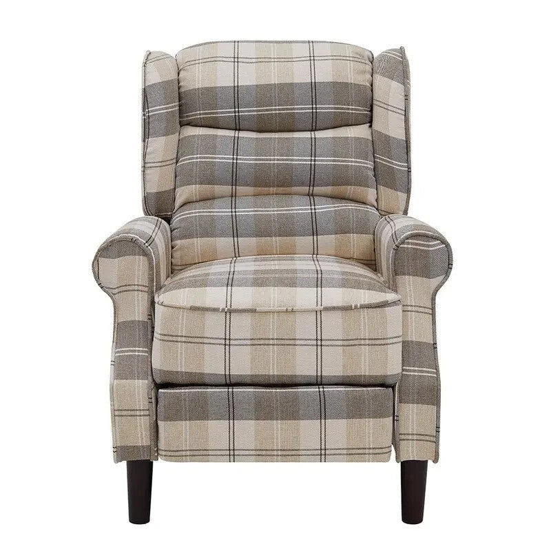 Beige Tartan Wingback Recliner Chair – Manual Pushback Armchair UK Made