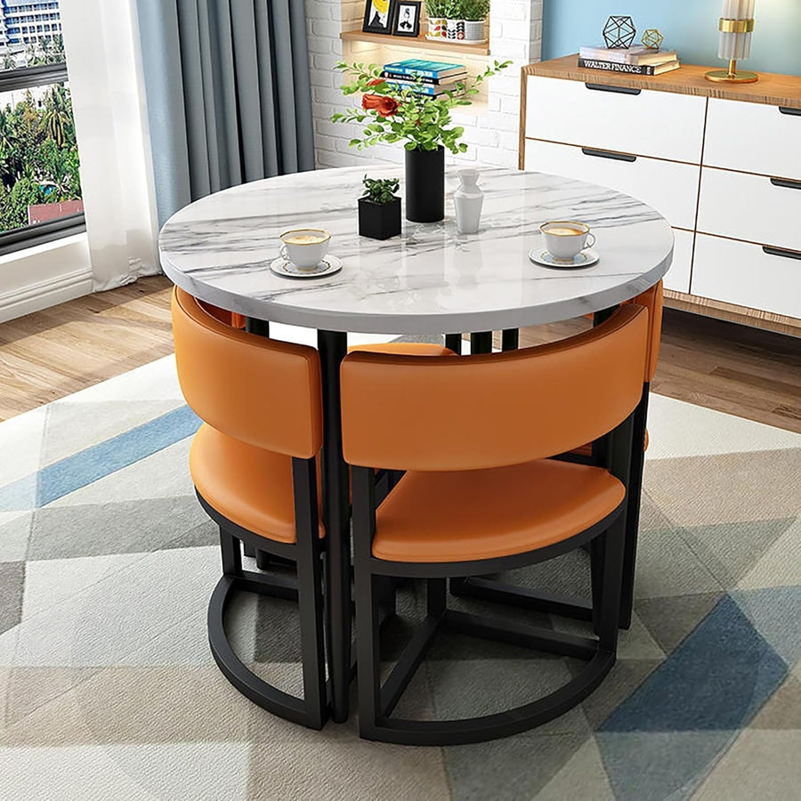 Round Office Meeting Table Set – 80cm Compact Desk with 4 Leather Chairs