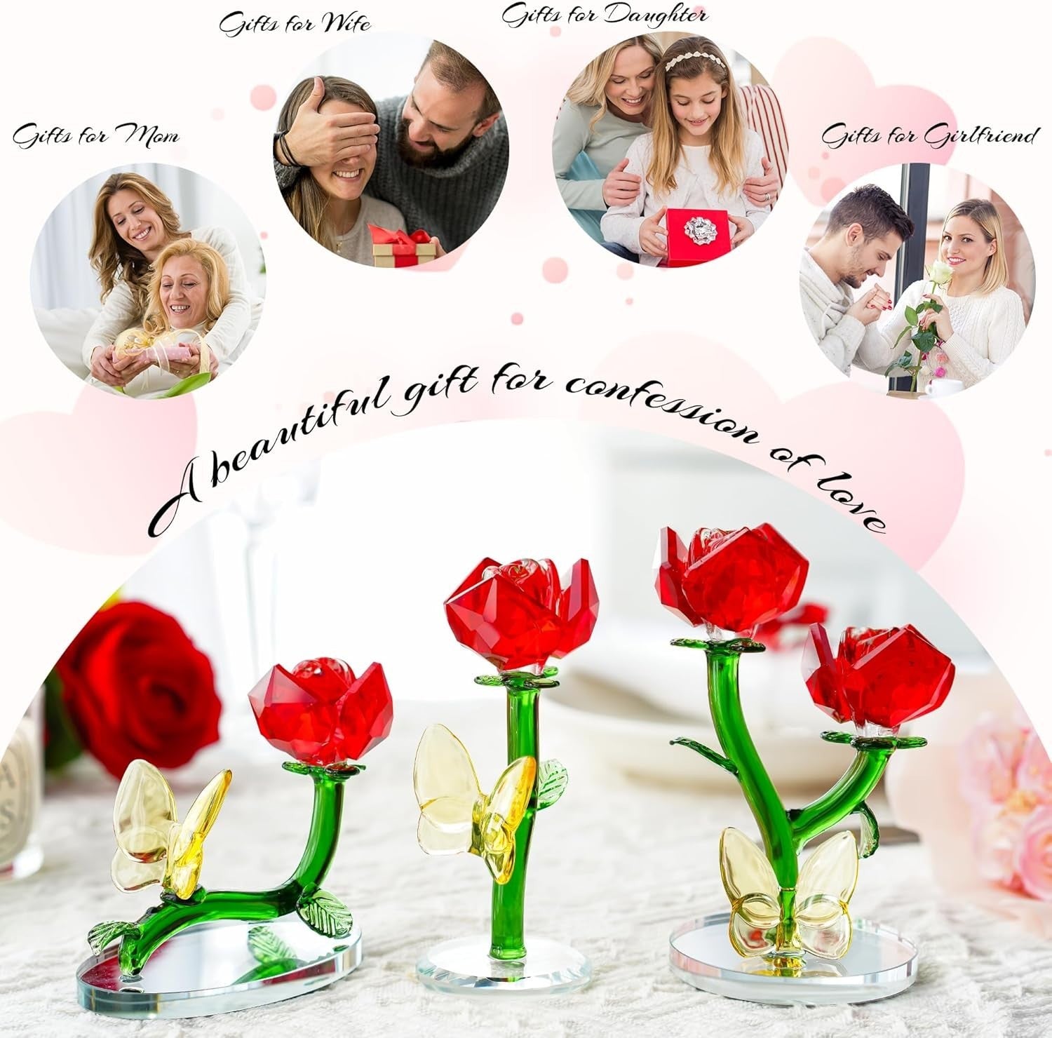 Crystal Red Rose Ornament with Butterfly • Glass Flower Gift • Romantic Decor