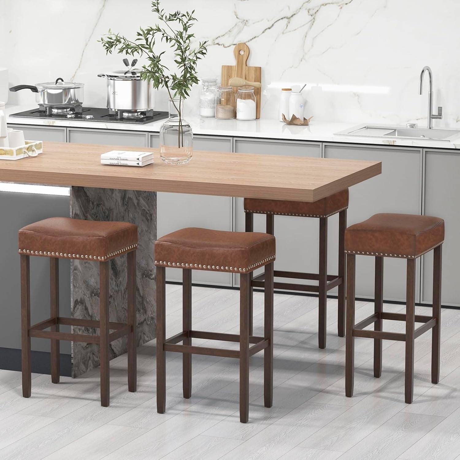 Brown Saddle Bar Stools Set of 2 – Solid Wood Counter Chairs
