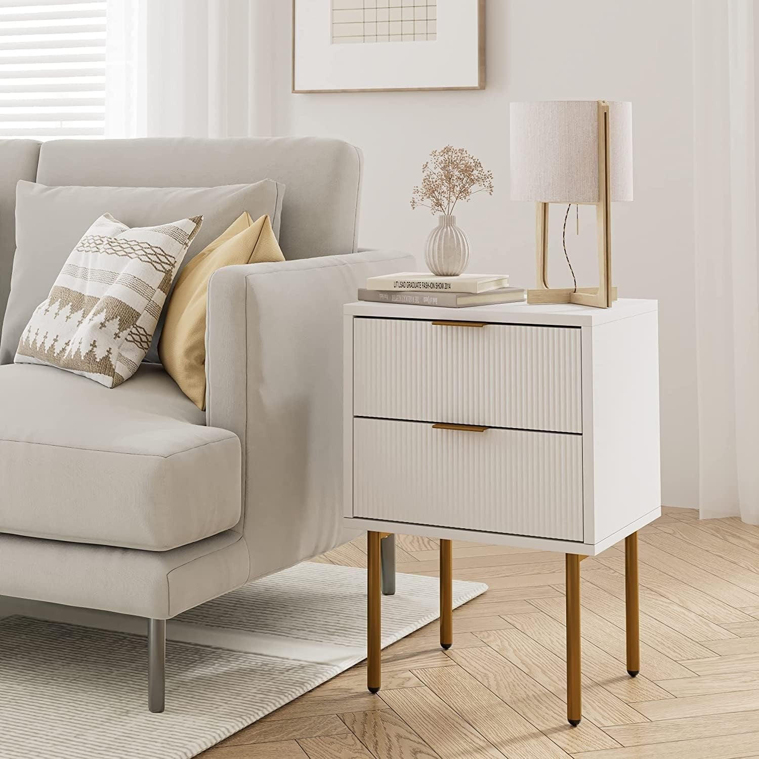White Bedside Table with 2 Drawers & Gold Legs | Modern Wooden Nightstand