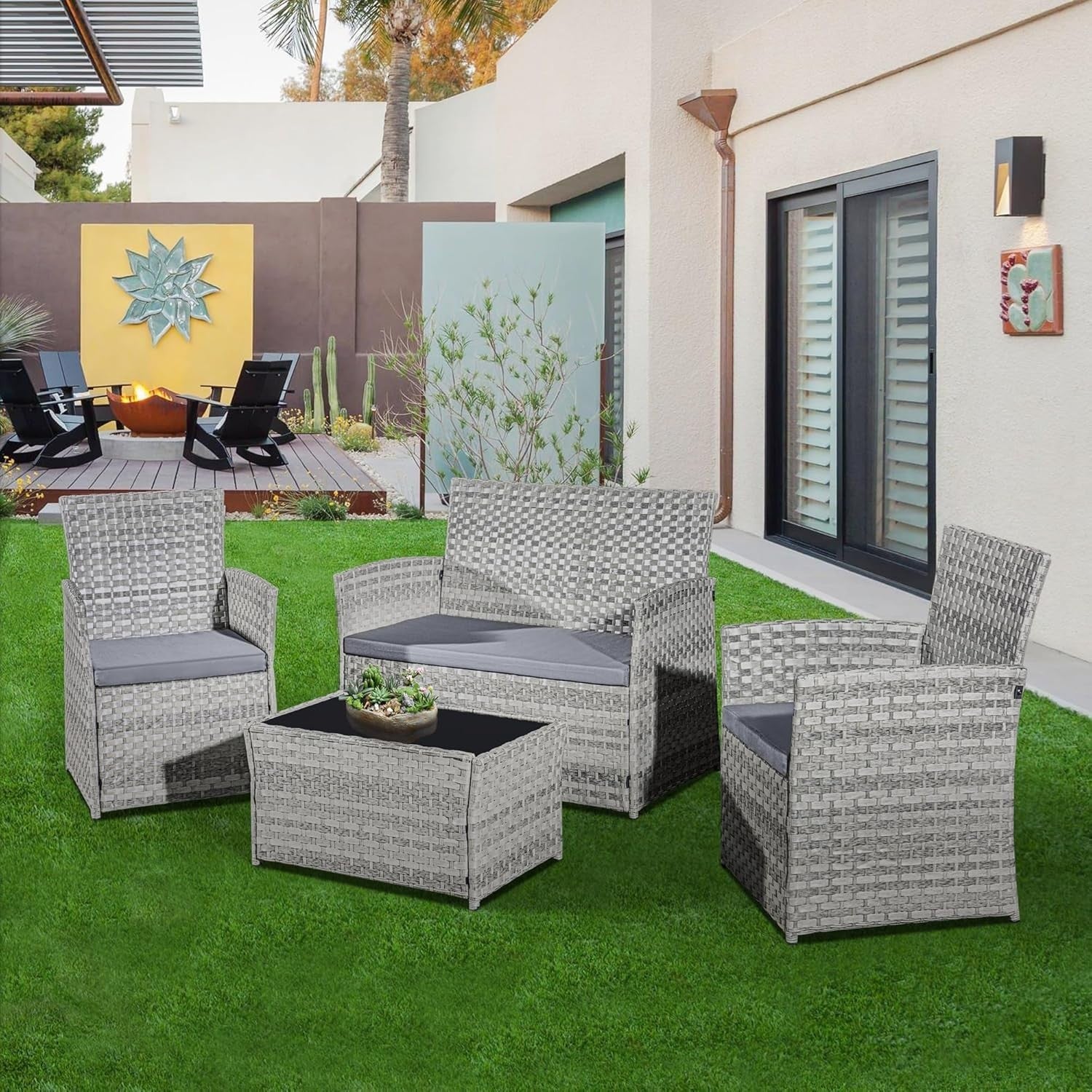 Grey Rattan Outdoor Patio Furniture Set - 4-Piece, Waterproof, Modern Design