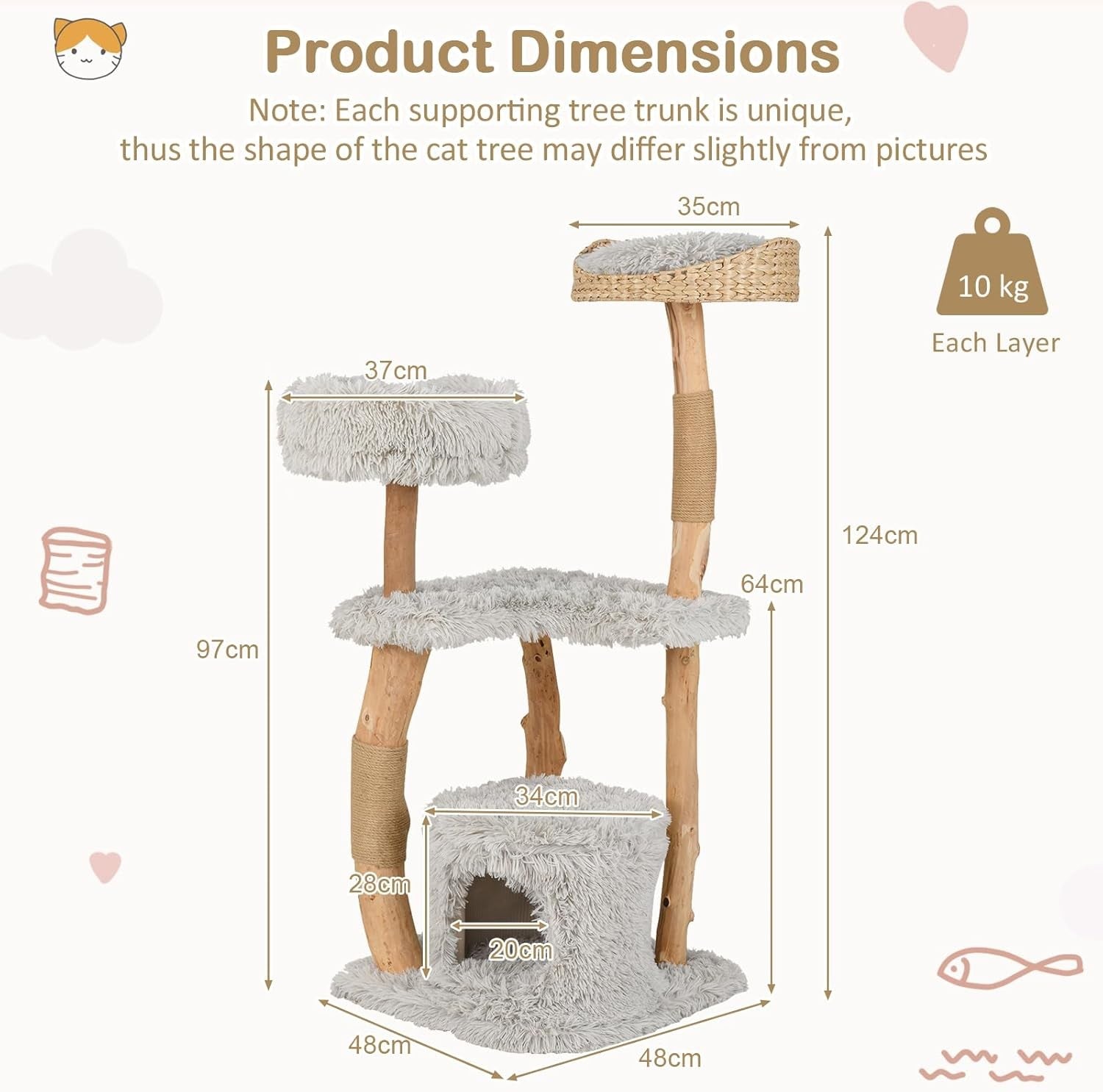 124cm Wooden Cat Tree Multi Level Tower with Jute Scratching & Plush Perch