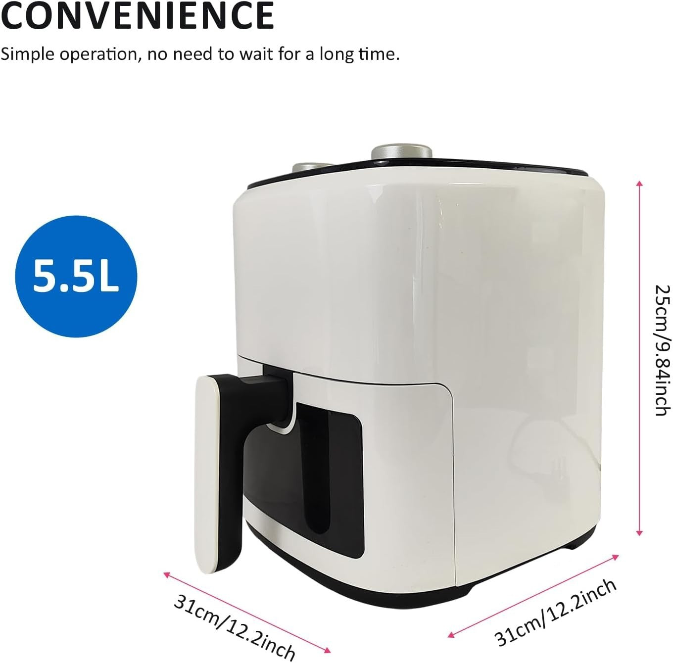5.5L Air Fryer No Oil Dial Control 1350W Nonstick Roast Bake Dehydrate