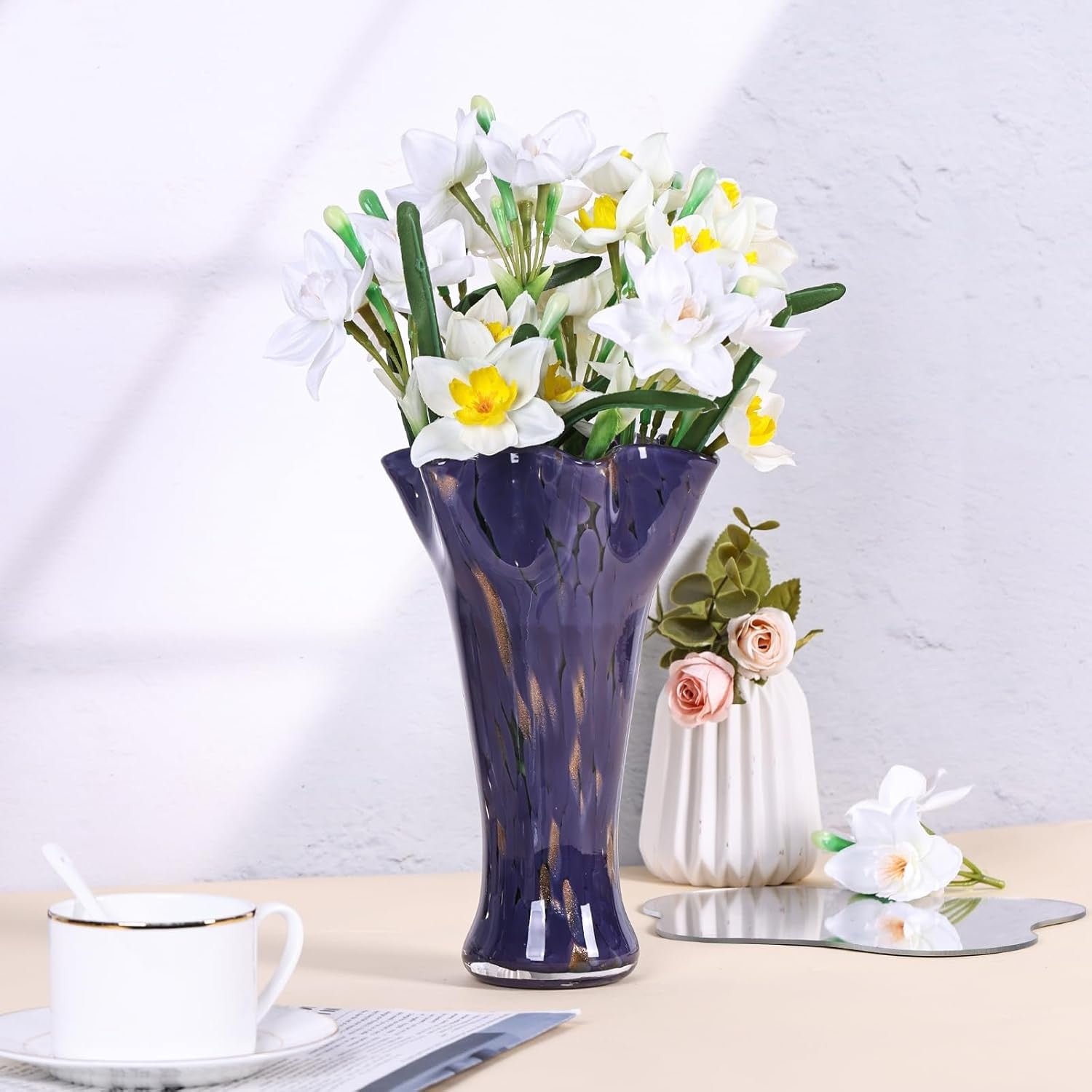 Purple Hand Blown Glass Vase Wide Mouth Flower Centerpiece Home Décor