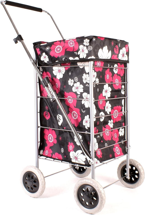 4 Wheel Shopping Trolley Adjustable Handle Floral Print 63L Bag Black