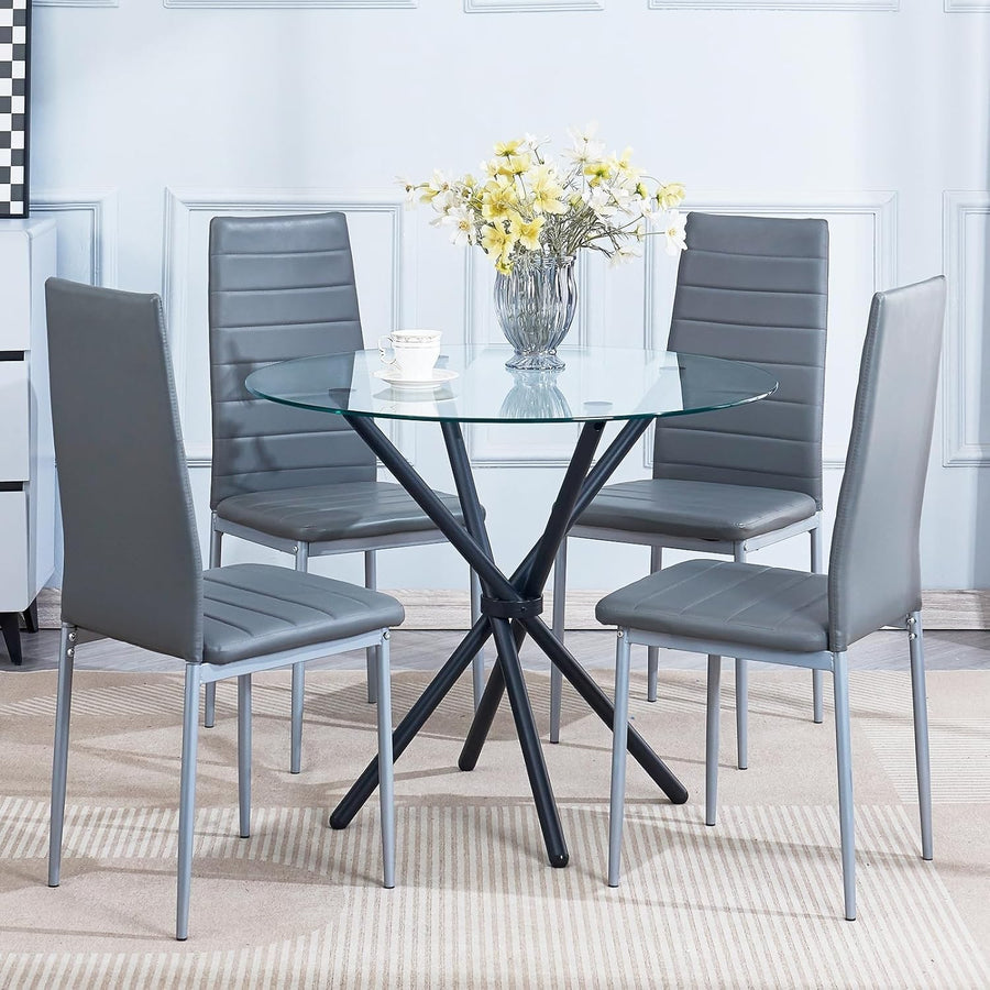 Round 5-Piece Glass Dining Table with 4 White PU Leather Chairs