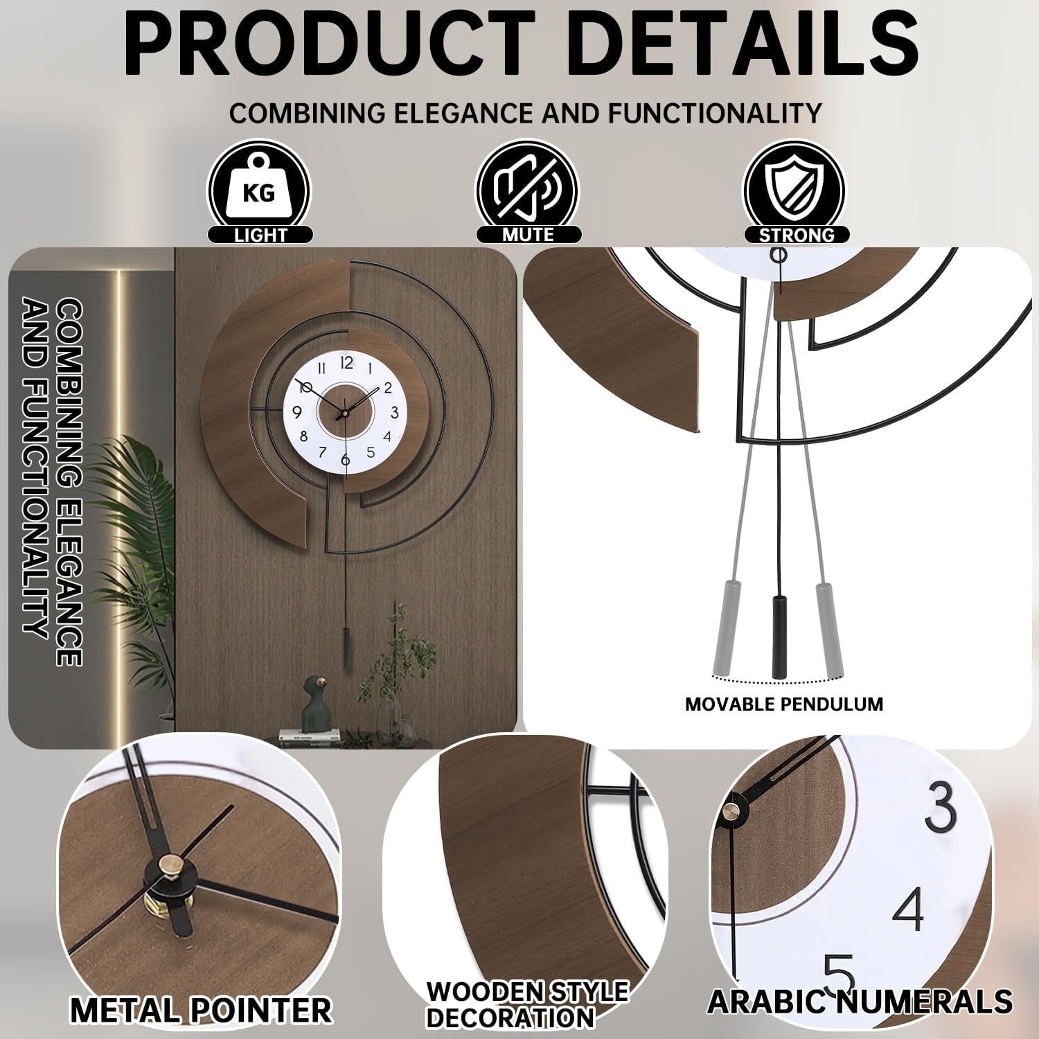 Silent Large Wall Clock with Pendulum, Quartz Battery Operated, Modern Decor