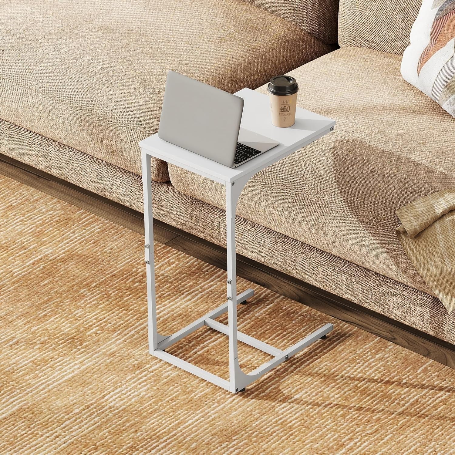 White C Shaped Side Table Sofa Bed Desk Small End Table for Compact Spaces