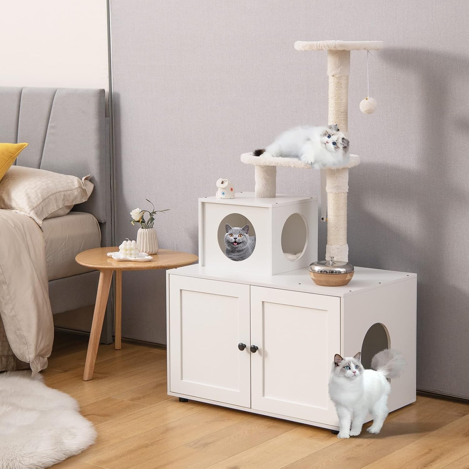 Hidden Cat Litter Box Furniture With Cat Tree Scratching Post Condo Indoor