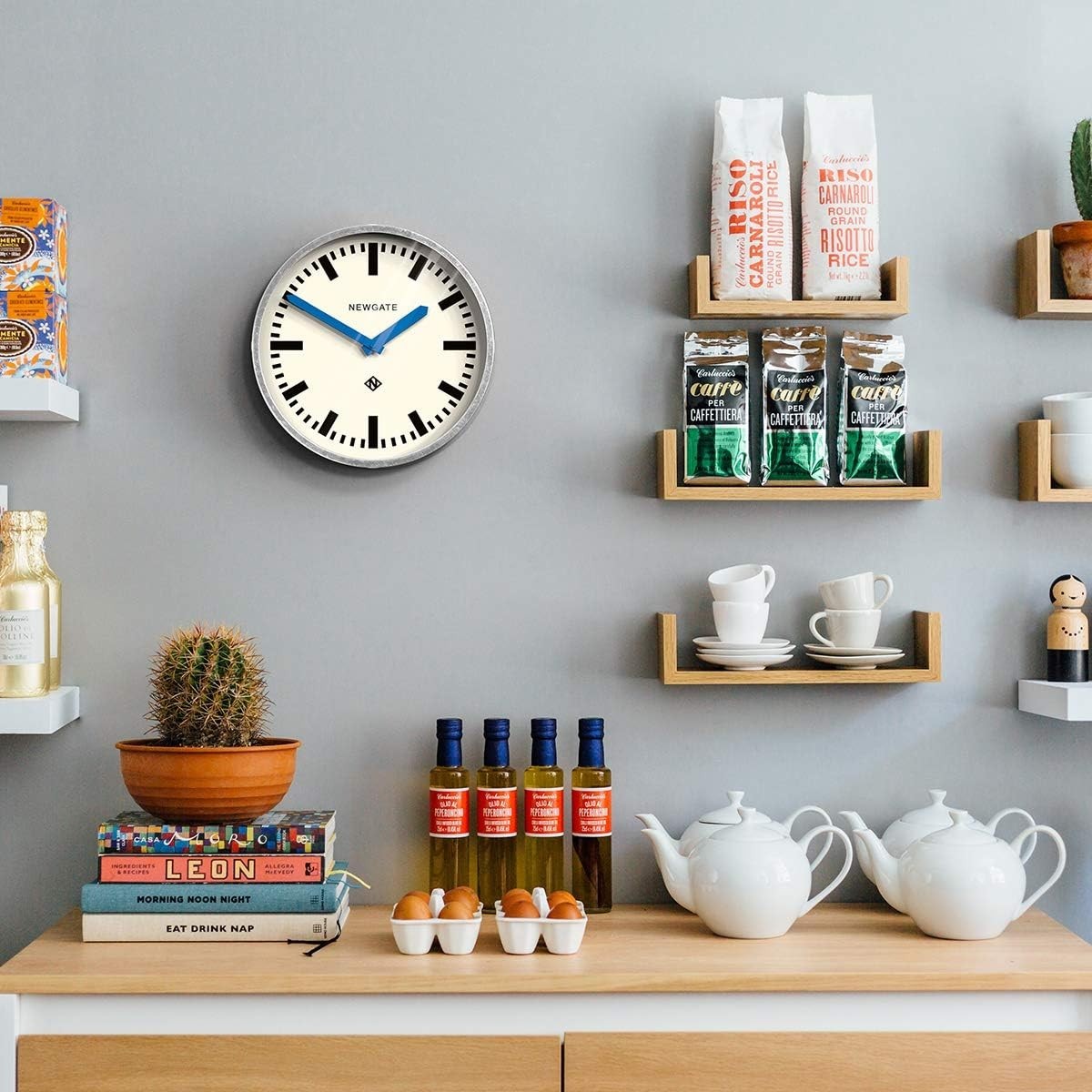 Retro 30cm Silent Wall Clock Blue Hands Galvanised Metal Station Style