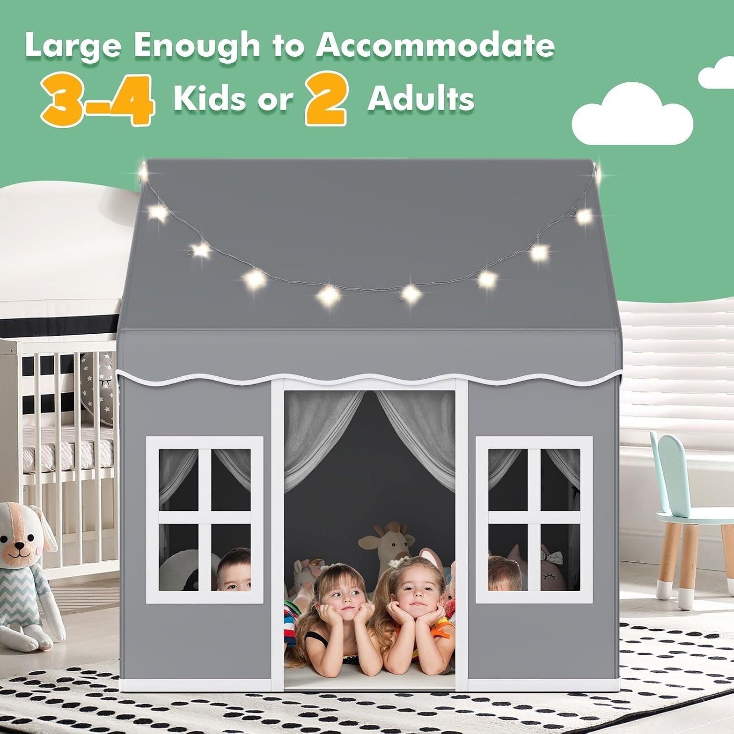 Large Kids Play Tent Indoor Outdoor Castle w Star Lights Non Slip Mat