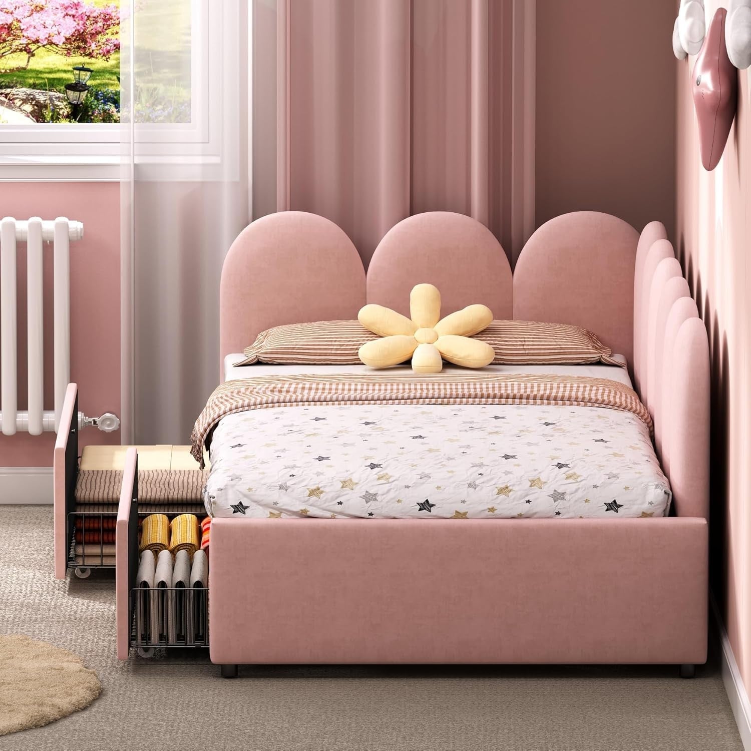 Pink Velvet Single Daybed Sofa Bed w/ Storage Drawers Kids Teen Room