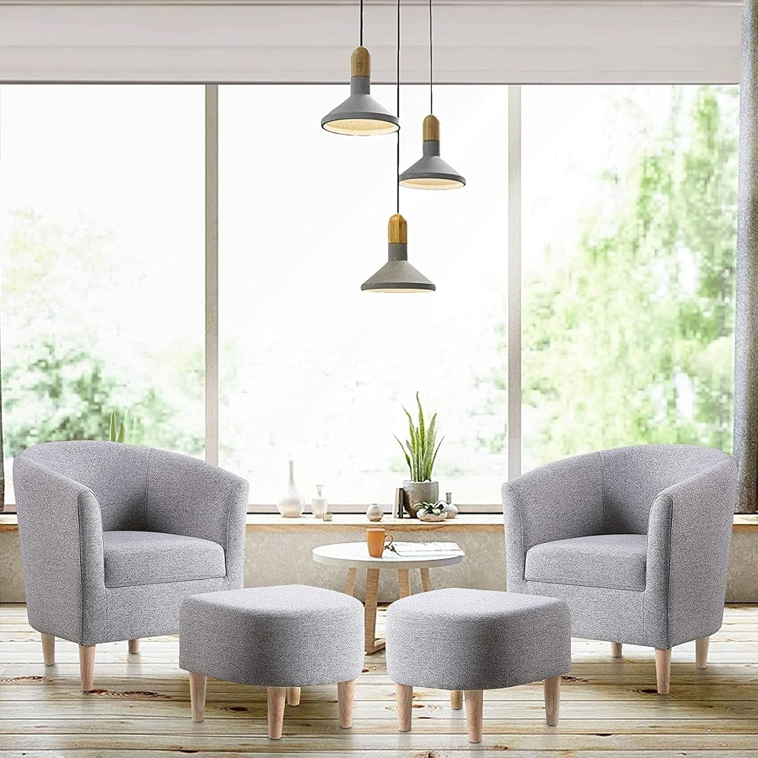 Grey Tub Chair & Footstool Set Linen Accent Armchair Lounge Seat