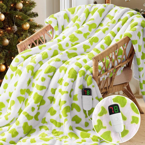 Electric Heated Throw Blanket Cow Print Sherpa 10 Heat Auto Off Washable