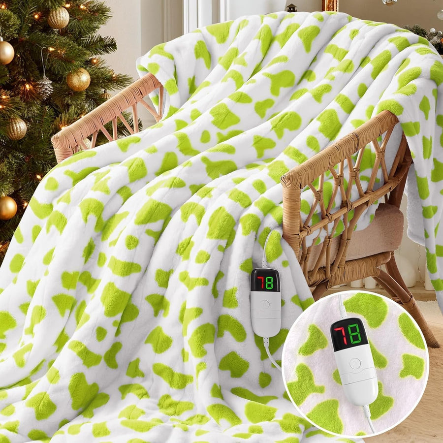 Electric Heated Throw Blanket Cow Print Sherpa 10 Heat Auto Off Washable
