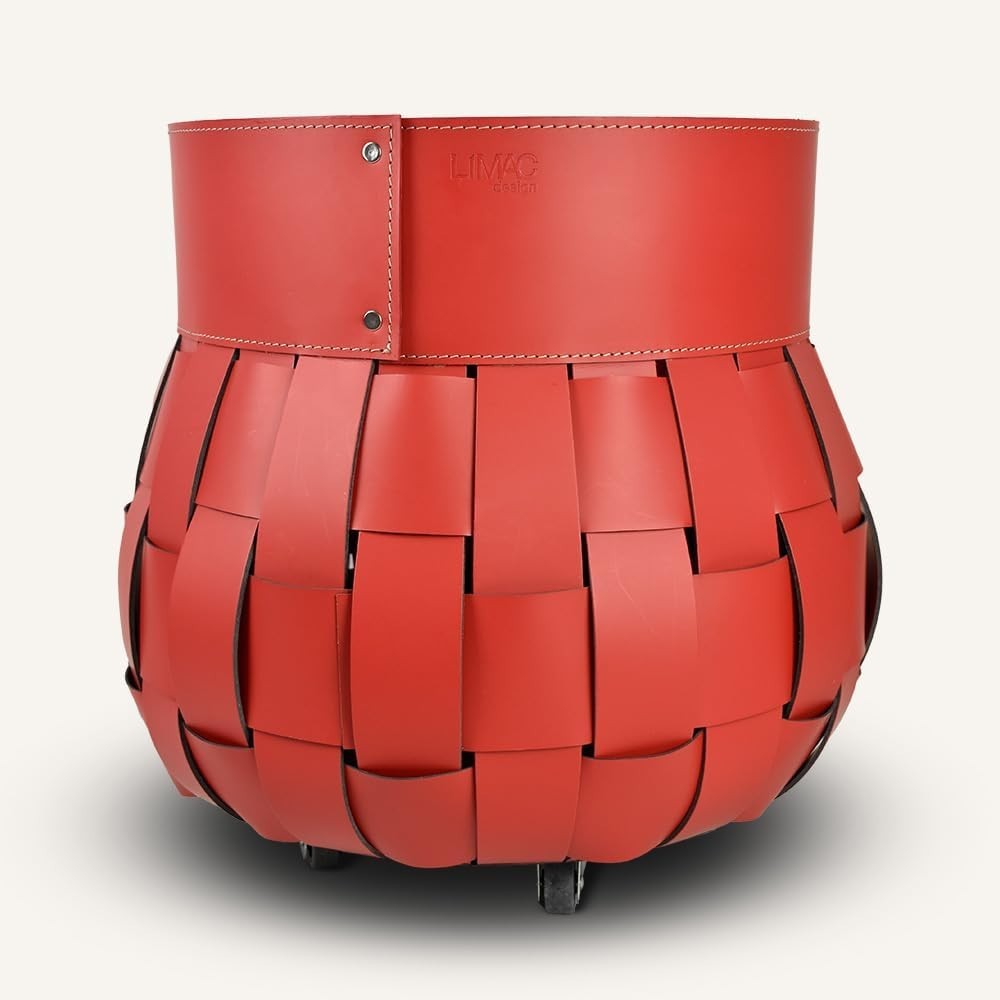 Red Leather Firewood Basket with Wheels – Indoor Log Holder, 45x45x48 cm